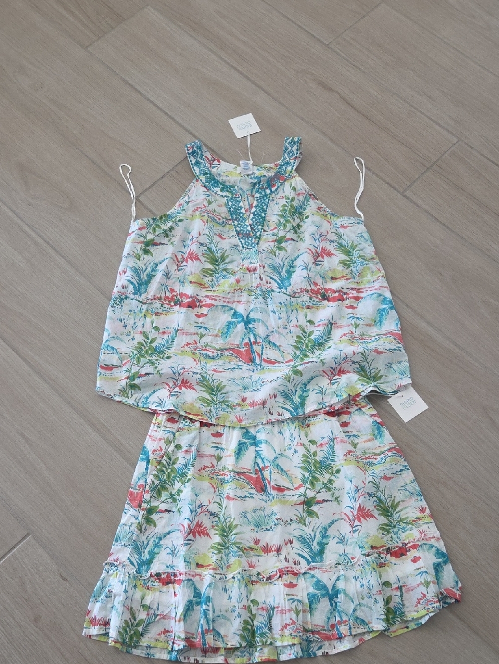 Sigrid Olsen White Tropical Tank & Skirt Set with Teal and Coral Accents